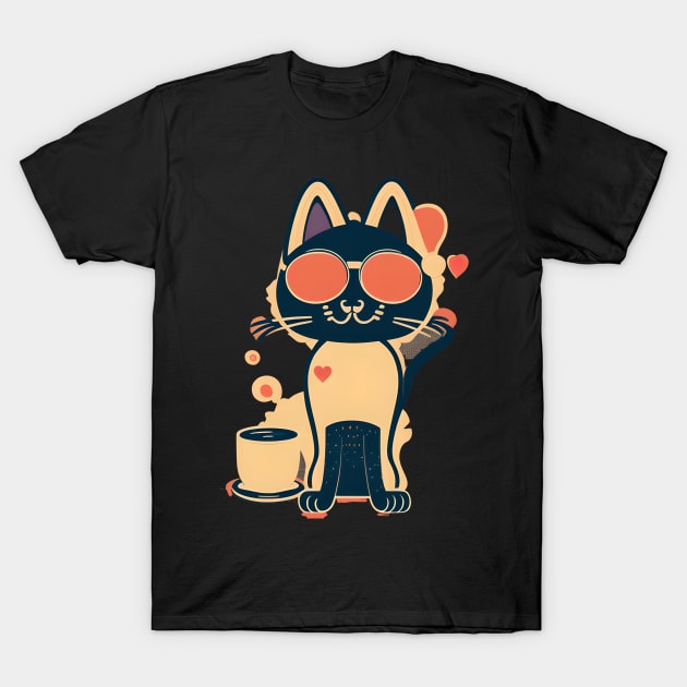 Cat Wearing Sunglasses Loves Coffee T-Shirt by SavantArts